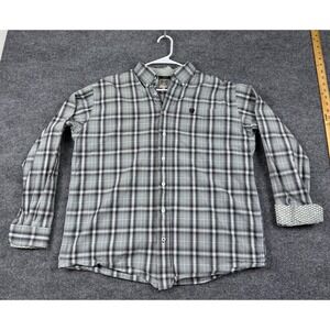 Cinch Mens Grey White Plaid Long Sleeve Button Down Western Shirt Size M
